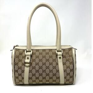 SOLD Gucci Vintage GG Monogram Abbey Boston Handbag Canvas Leather Beige Cream